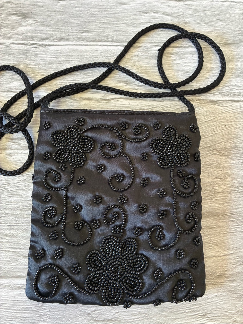 Gloria Vanderbilt Black Satin Beaded Floral Evening Bag - Picture 2 of 10